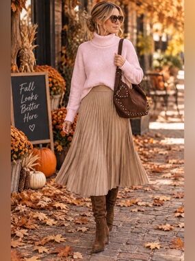 H&M Pleated Midi Skirt in Taupe waist 30” to 35”